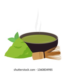 green tea cup vector. wallpaper. free space for text. green tea powder vector.
Matcha tea whisk.