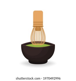 Green tea cup vector. wallpaper. free space for text. Matcha tea whisk.