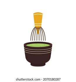 Green tea cup vector. wallpaper. free space for text. Matcha tea whisk.