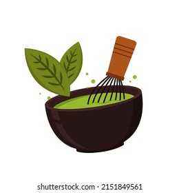 Green tea cup vector. wallpaper. free space for text. Matcha tea whisk.