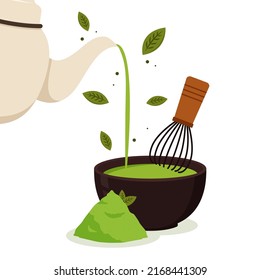 Green tea cup vector. wallpaper. free space for text. Matcha tea whisk. Japan drinks vector.