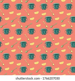 Green tea cups seamless pattern with spoons and lemon on pink background