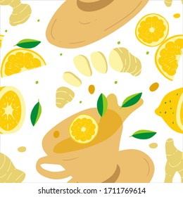Green tea cute seamless pattern. Vector background lemon, ginger, tea, leaves. Flat hand drawn illustration healthy food, tea ceremony, market, prints, banner, t shirt.