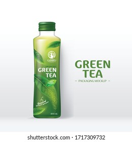 Green Tea Drink Packaging Mockup. Realistic green tea leaves background for advertising poster. Vector illustration