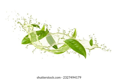 Green tea drink swirl splashes with leaves and drops. Isolated 3d vector herbal transparent beverage cascade with fresh foliage. Aqua splashing droplets, fresh clear natural refreshment flow