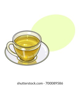Green tea drink in transparent glass mug and saucer, sketch vector illustration isolated on white background with speech bubble