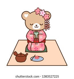 Green tea drinking cute bear in Japanese sakura/cherry blossom kimono.