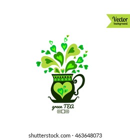 Green tea emblem. Tea cup with steam as green hearts. Tea logo for restaurant menu, cafe, bar. Template for eco design. Vegan menu. Natural product sign.