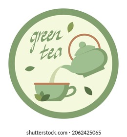 Green tea emblem. Cup of green tea and teapot. Rounded green tea Logo Vector Graphic Design. Logo Design Vector Isolated On White Background. Green colors. Pouring tea. flat design. Emblem.