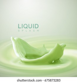 Green tea flavor milk crown splash on swirling whirlpool creamy green background. Vector 3d illustration for food dairy product or cosmetics ad poster