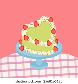 Green tea flavored heart shaped cake with sprinkles and strawberries for Valentine's Day, weddings, birthdays and anniversaries.