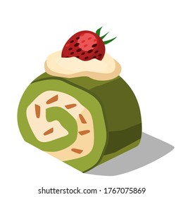 Green tea flavored roll cake vector illustration with whipped cream and strawberry on top.Isolated on white.Coffee time. Eat with coffee.