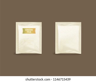 Green tea foil package design in 3d illustration on brown background