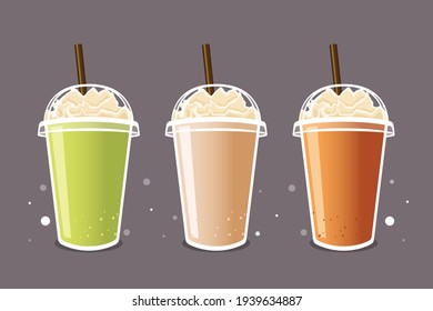 Green tea frappe ,Milk tea frappe ,Thai tea frappe with whipped cream in take a way cup on background.