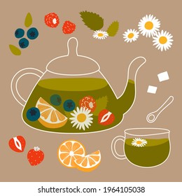 Green tea with fruits and herbs. Herbs brewed in a transparent teapot, a cocktail. Stylish flat set of elements for tea time. Teapot and mug. Chamomile, blueberry, strawberry, raspberry, lemon. Vector