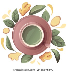 Té verde con jengibre en taza. Ilustración para tienda de té, café, bar, fiesta, ceremonia del té, concepto de comida. Ilustración vectorial de menú, cartel, Sitio web, Anuncio, flyer, portada, invitación