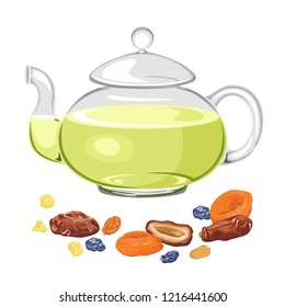 Green tea in a glass teapot and dried fruits isolated on white background. Vector illustration of healthy food and hot drink in cartoon flat style.