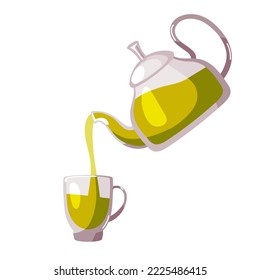 Té verde. Tetera de vidrio vertiendo té en una taza de vidrio. Ilustración vectorial plana aislada en fondo blanco para tienda, amante del té, fiesta, concepto de cocina, menú. Ceremonia del té. Bebida natural saludable