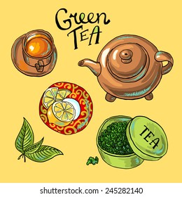 green tea hand- drawn beautiful colorfull set of illustration