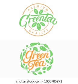 Green Tea hand written lettering logos, labels, badges, emblems with green leaves. Isolated on white background. Vector illustration.