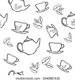 Green tea, hand-drawn leaves and branches of tea seamless pattern.