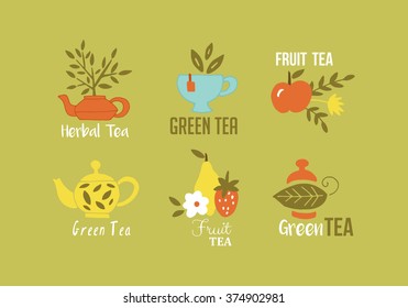 Green tea, herbal tea and fruit tea hand drawing logo design. Isolated vector illustration