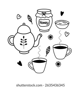 Green Tea and Honey vector doodle on isolated background. Sketch with cups with hot herbal drink, jar honey, chamomile, flowers, leaf. Design elements. Concept for poster, label, card, sign, logo