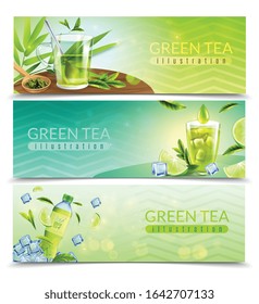 Green tea horizontal banners with glasses of healthy organic beverage tea leaves and pieces of ice vector illustration