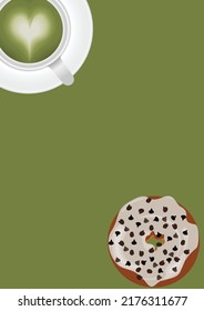 Green tea hot white mug and Donut White cream glaze and chocoolate chips topping in green background
