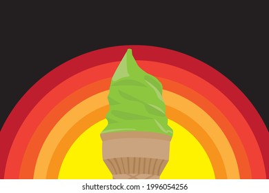 Green tea ice cream cone warm color graphics depicting a summer sun in a colored background.