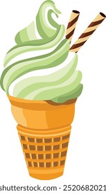 Green tea ice cream cone and toppings