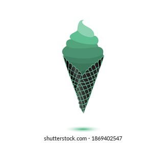 Green tea ice cream with different green layers in black with greeen trim waffle cone with soft green drop shadow in white background