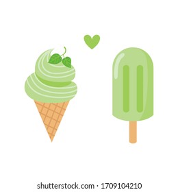 Green tea ice cream isolated on white background