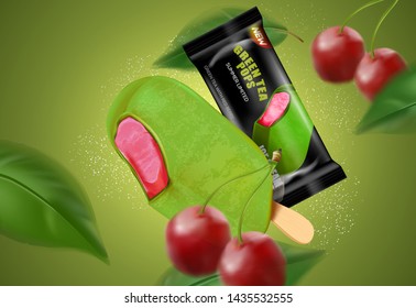 Green tea ice cream popsicle with berries and packaging isolated on solid color background. Realistic vector 3D illustration. Free space for your texts and branding.