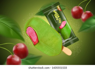 Green tea ice cream popsicle with berries and packaging isolated on solid color background. Realistic vector 3D illustration. Free space for your texts and branding.