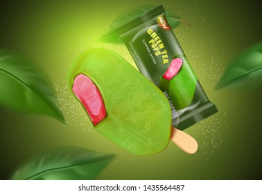 Green tea ice cream popsicle with packaging isolated on solid color background. Realistic vector 3D illustration. Free space for your texts and branding.