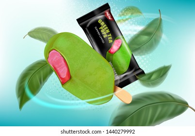 Green tea ice cream popsicle with packaging isolated on solid color background. Realistic vector 3D illustration. Free space for your texts and branding.