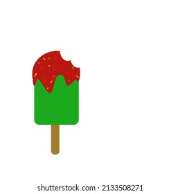 Green tea ice cream with strawberry and sweet candy on top on white background, hand drawn vector 