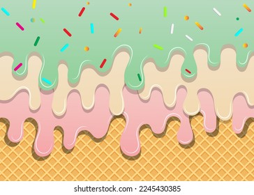 Green tea Ice Cream with Strawberry and Vanilla Melt On Waffle background sweet ice cream background vector illustration