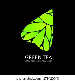 green  tea icon. leaf vector. black background 
