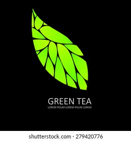 green  tea icon. leaf vector. black background 