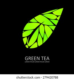 green  tea icon. leaf vector. black background 
