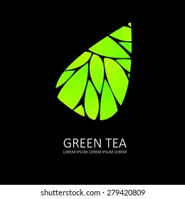 green  tea icon. leaf vector. black background 