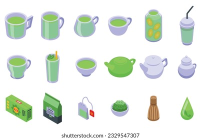 Green tea icons set isometric vector. Cup glass. Ceremony leaf