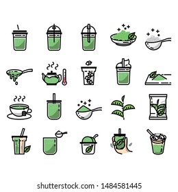 Green tea icons set, matcha ice cream tea leaf Kettle and more, color outline Vector illustration