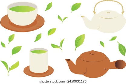 Green tea illustration background with gentle atmosphere of ocher teapot and teacup