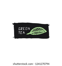 Green tea illustration. Leaf on black background