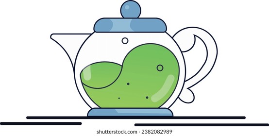 Green tea inside transparent glass kettle