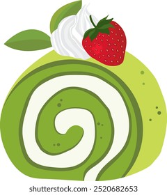 Green tea jam roll topped with whipped cream and strawberries
