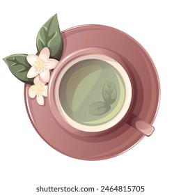 Green tea with jasmine flowers in cup. Illustration for tea shop, cafe, bar, party, tea ceremony, food concept. Vector illustration for  menu, poster, website, banner, flyer, cover